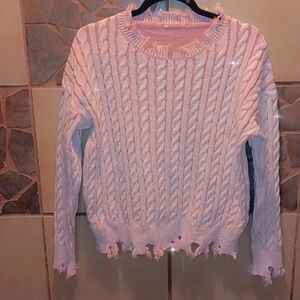 Distressed Cable Knit Sweater with Frayed Hem in Pink